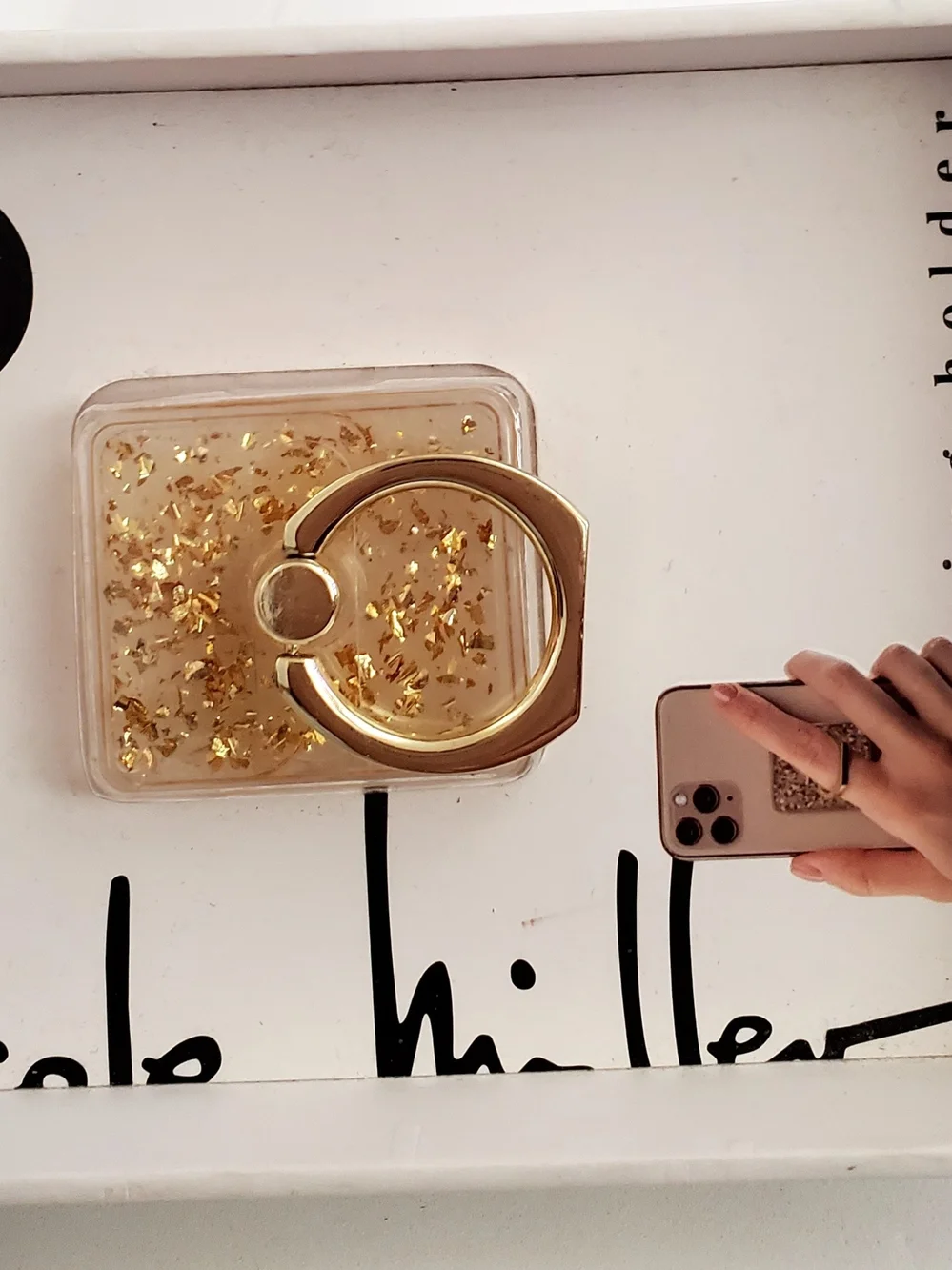 Nicole Miller Gold-Tone Ring Phone Grip & Stand with Embedded Gold Flakes NEW